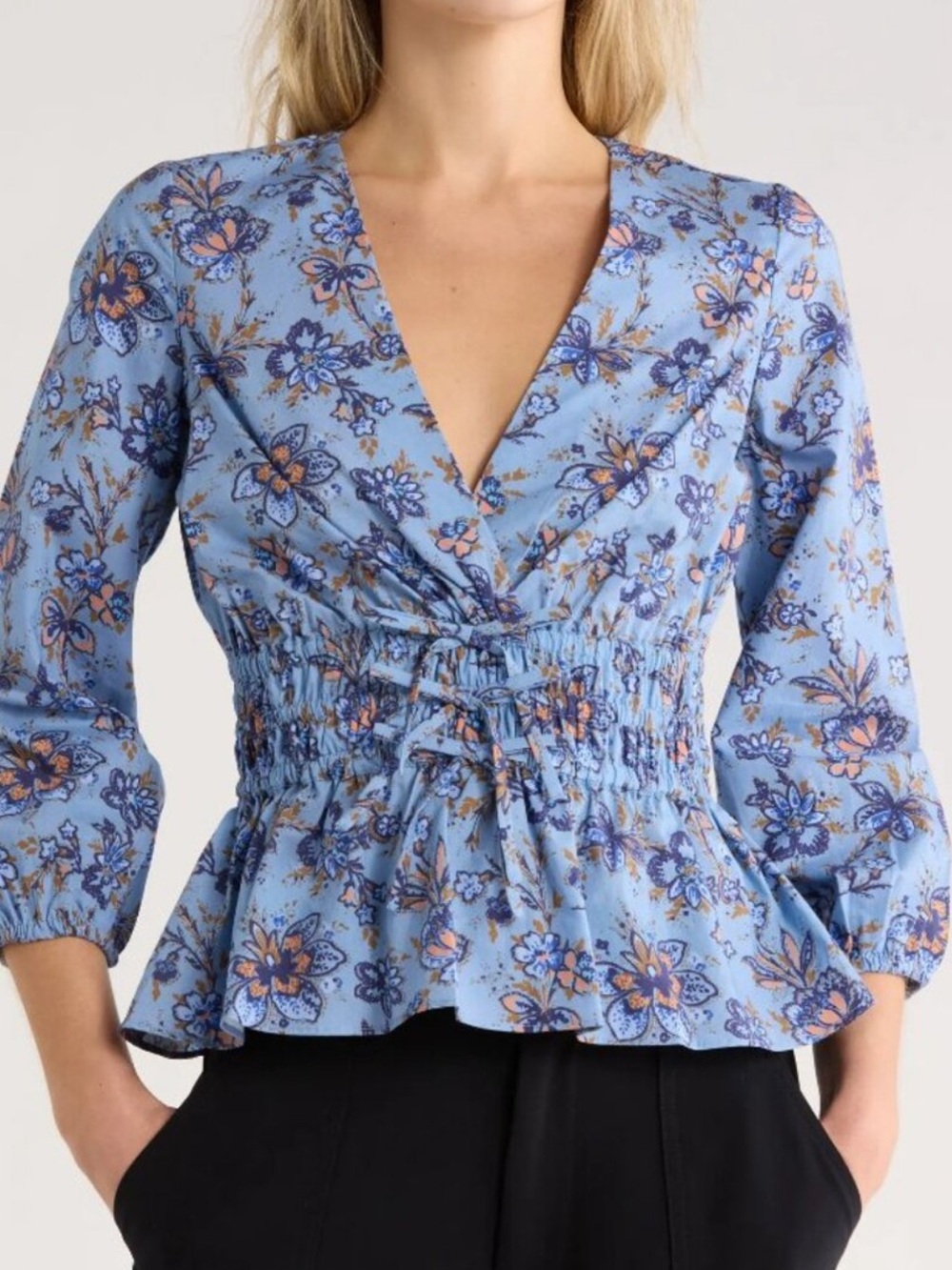 Derek Lam Blue Floral Tie-Front Peplum Blouse
